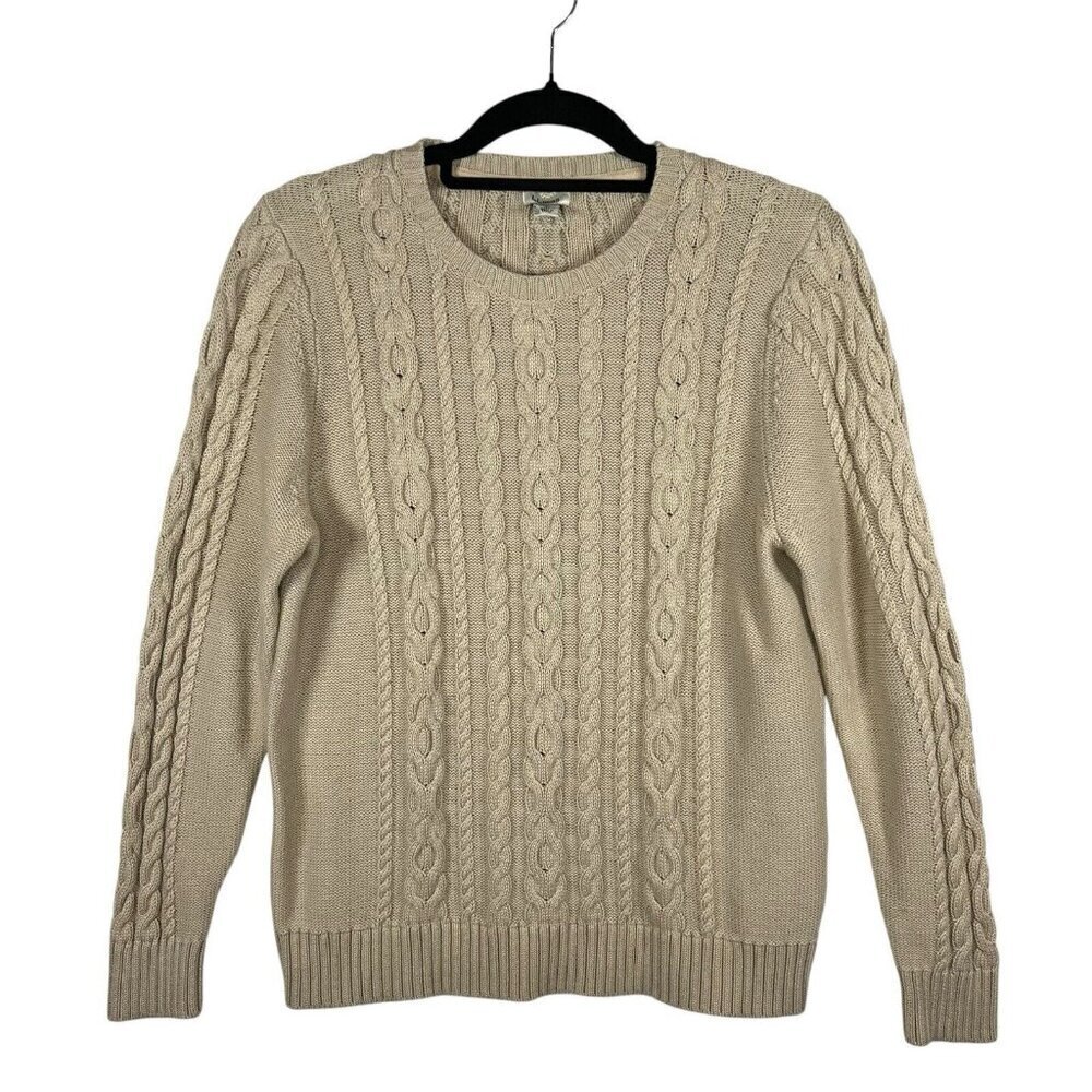 L.L. Bean Sweater Womens Petite L Ivory Chunky Cable Knit Cabin Cottage Gorpcore